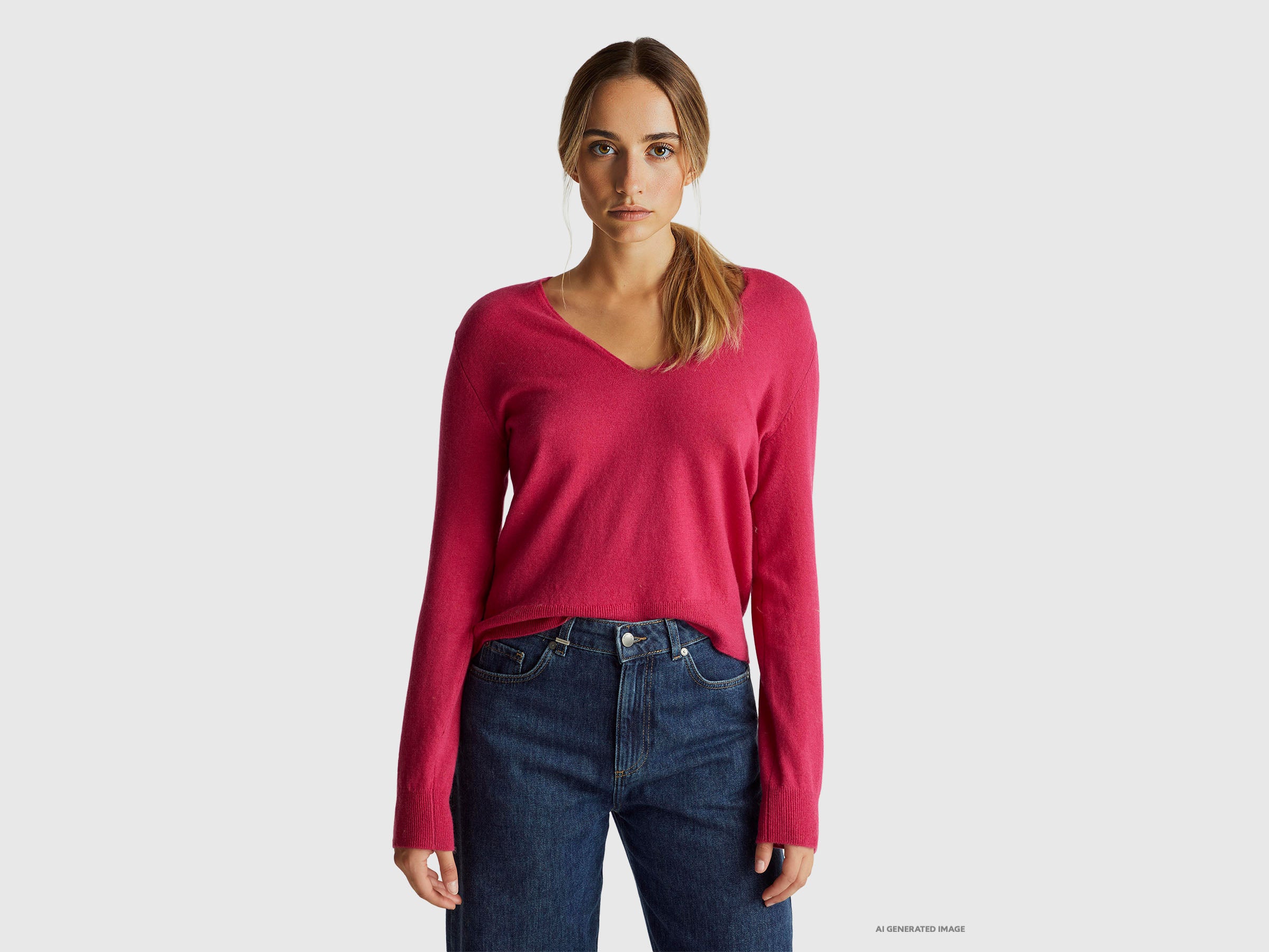 Camisola fúcsia com decote em V em pura lã Merino - ucb_image_F