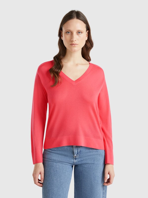 Sweater with V-neck in pure Merino wool Women