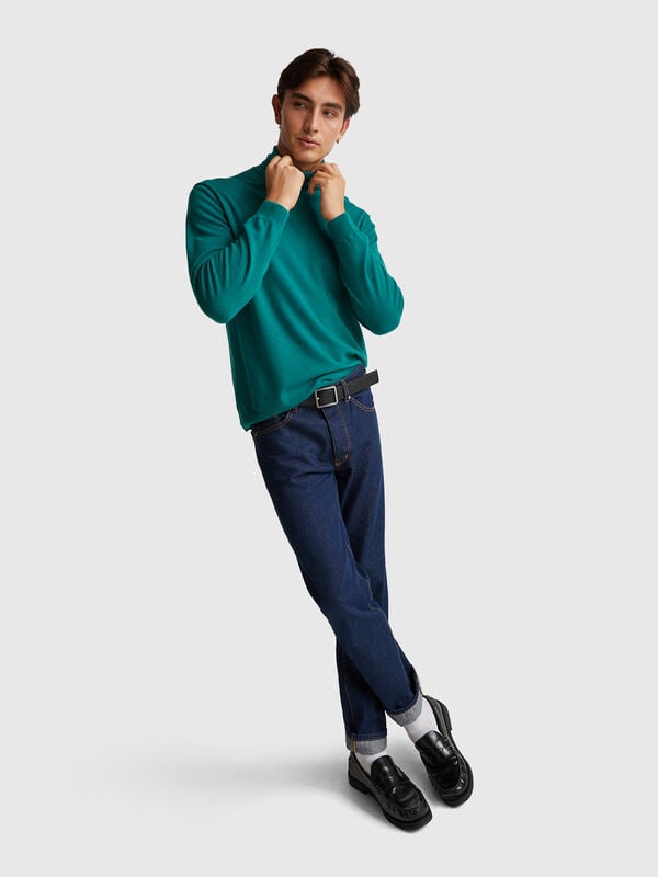 Forest green turtleneck in pure Merino wool Men