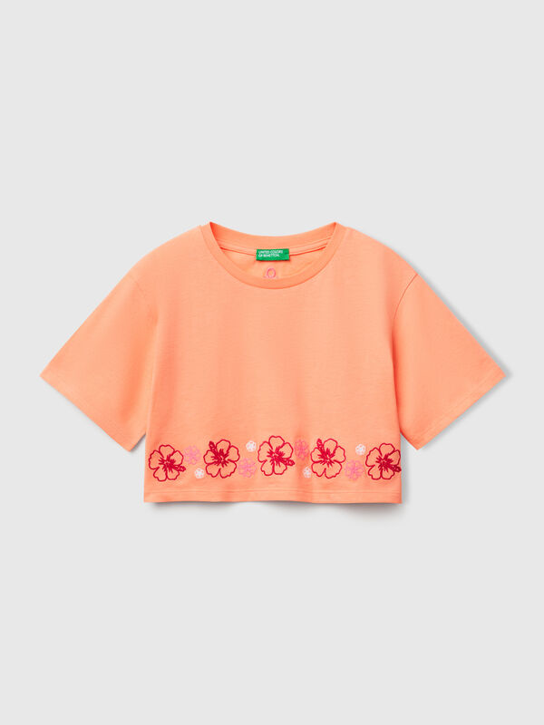 Orange t-shirt with flower embroidery Junior Girl