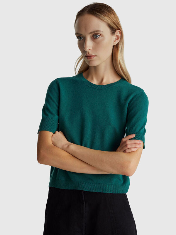 Green short sleeve sweater in pure Merino wool Women