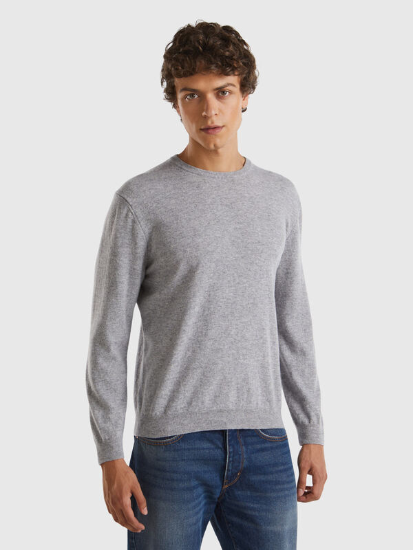 Marl gray crew neck sweater in pure Merino wool Men