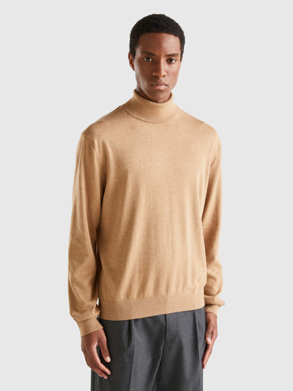 Beige turtleneck sweater mens top