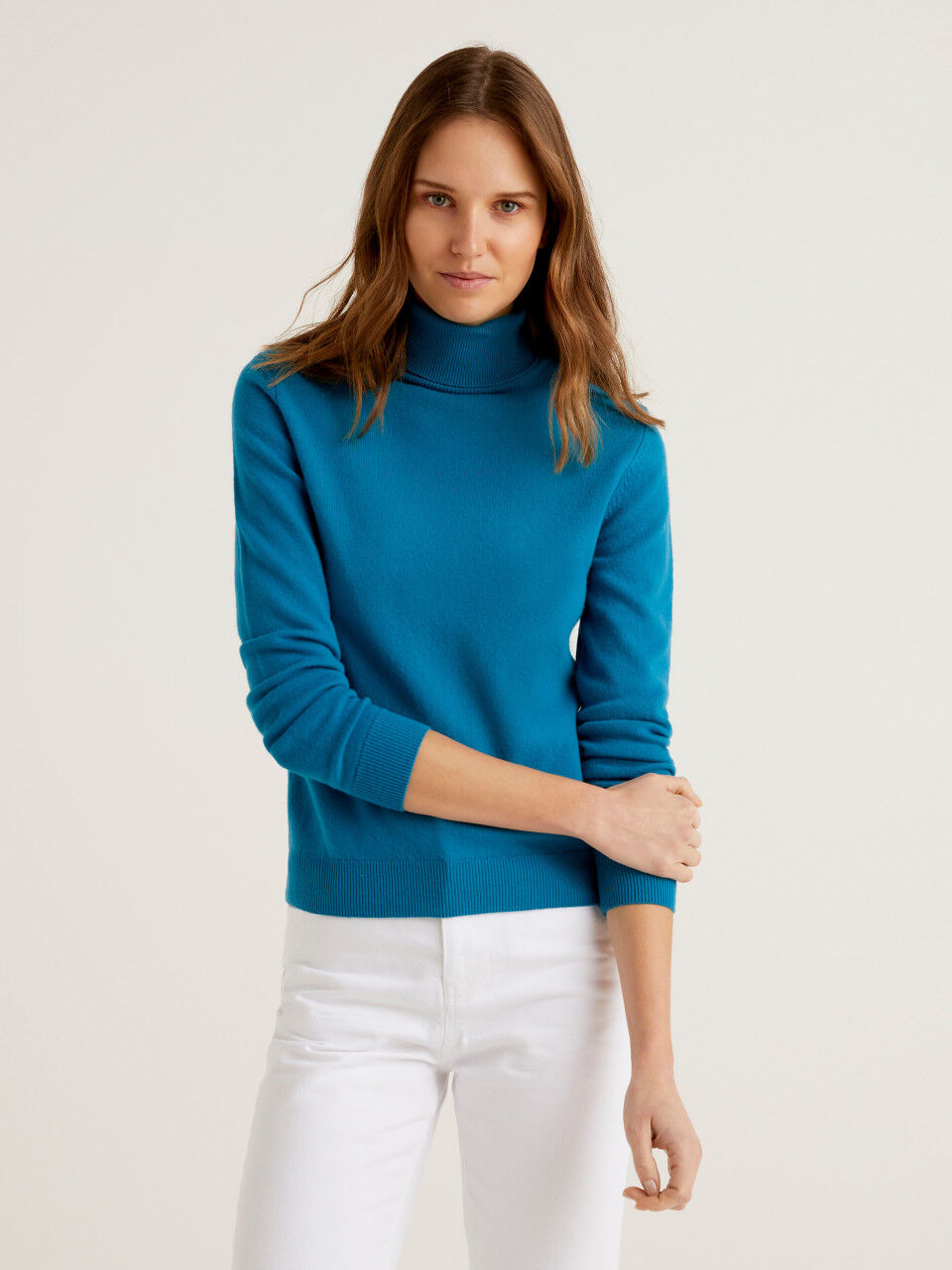 Teal turtleneck sweater in pure Merino wool