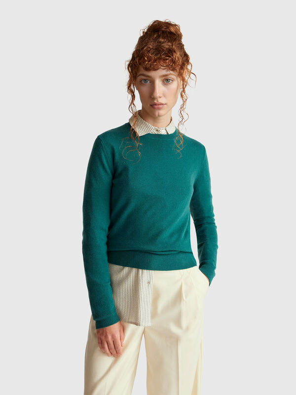 Green crew neck sweater in Merino wool Women