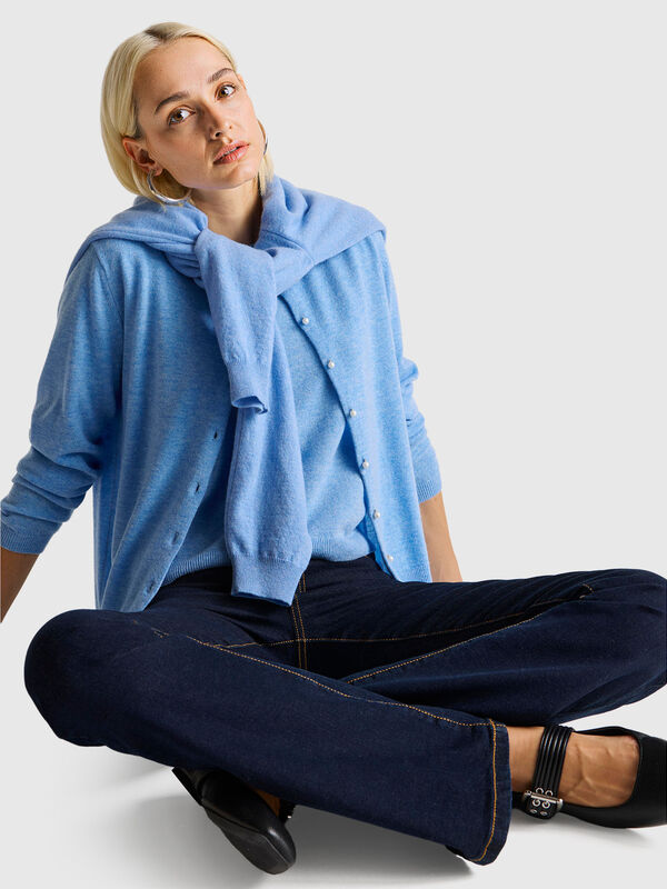 Light blue short sleeve sweater in pure Merino wool Women