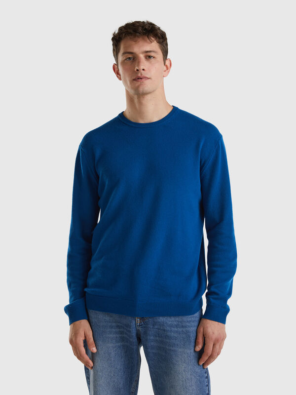 Blue crew neck sweater in pure Merino wool Men