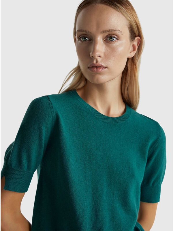 Green short sleeve sweater in pure Merino wool Women