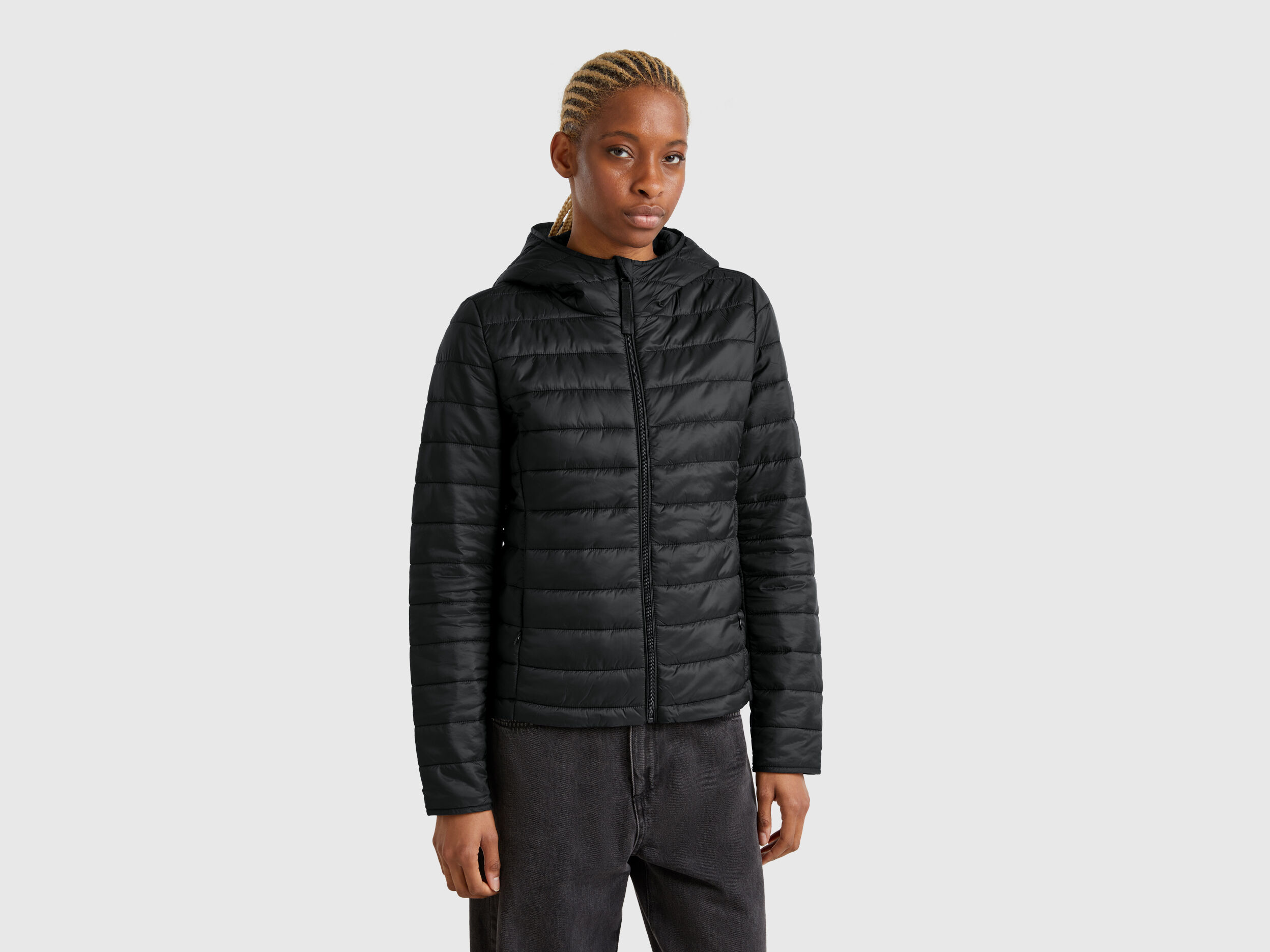 BENETTON DOWN SNAP ZIP FRONT HI LOW HEM POCKETS PUFFER COAT