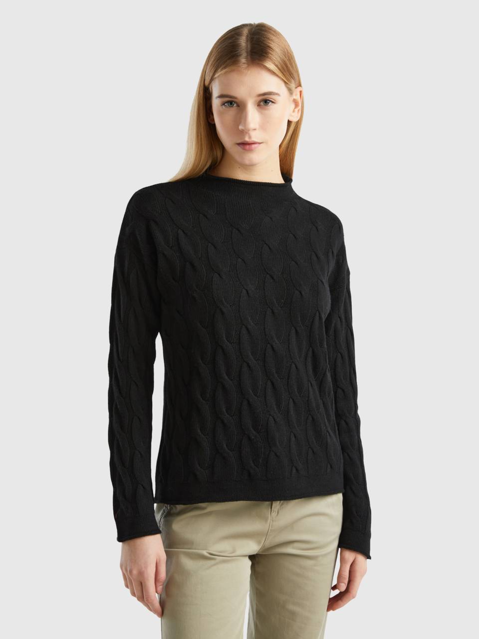 Black cashmere cable knit sweater sale