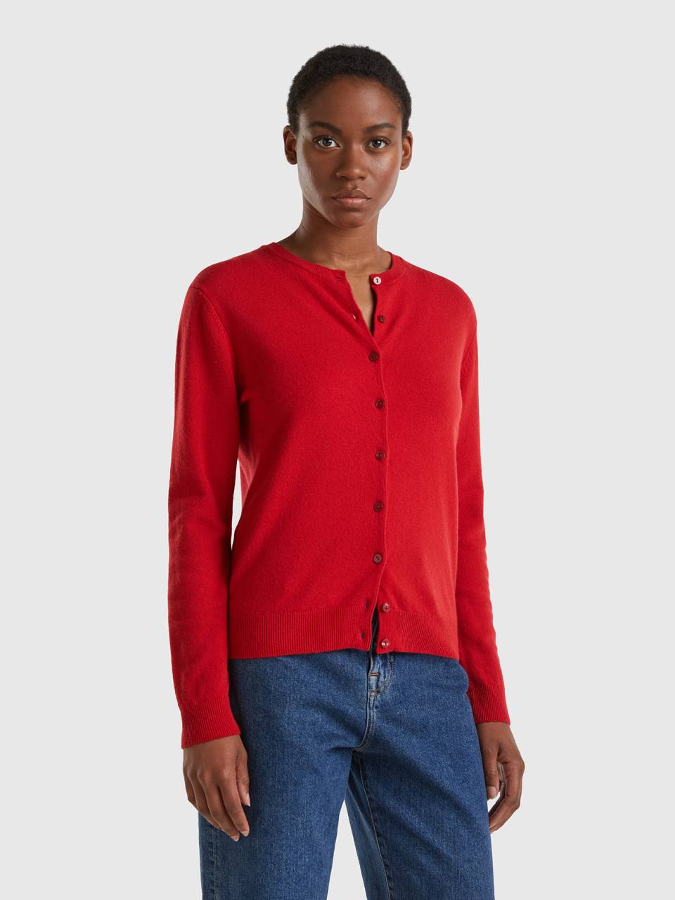 Red crew neck cardigan 2025